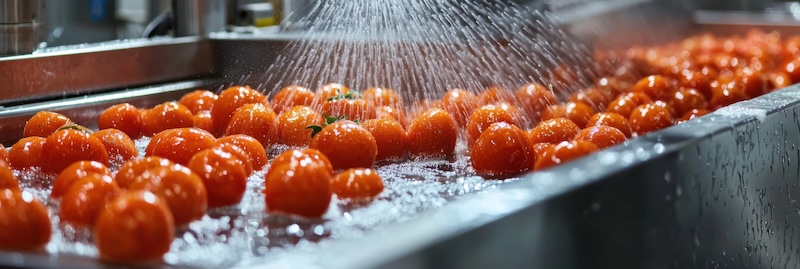 A photo of the tomato cleaning machine in action shows it washing tomatoes on an industrial scale.