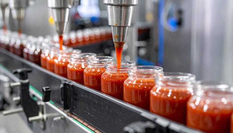 Industrial food processing line with glass jars being filled with red sauce from automated nozzles on conveyor belt after aseptic processing