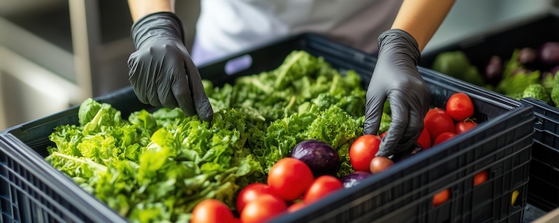 Employee inspecting freshly delivered produce for freshness and signs of contamination after forward warehousing, demonstrating food safety practices in sourcing